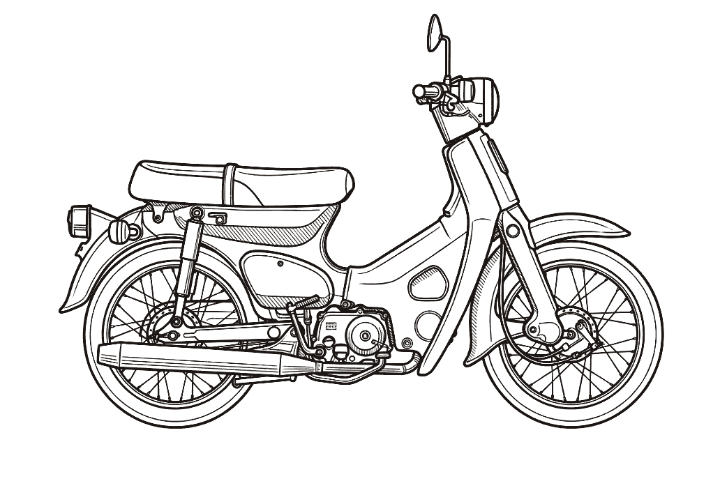 Disegno tecnico di uno scooter, in stile manuale d'officina