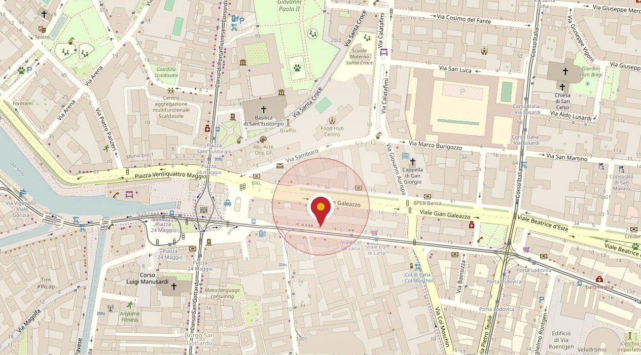 Mappa della zona: l'officina si trova in Viale Gian Galeazzo 6, sulla cerchia dei Navigli, tra Piazza XXIV Maggio e Porta Lodovica